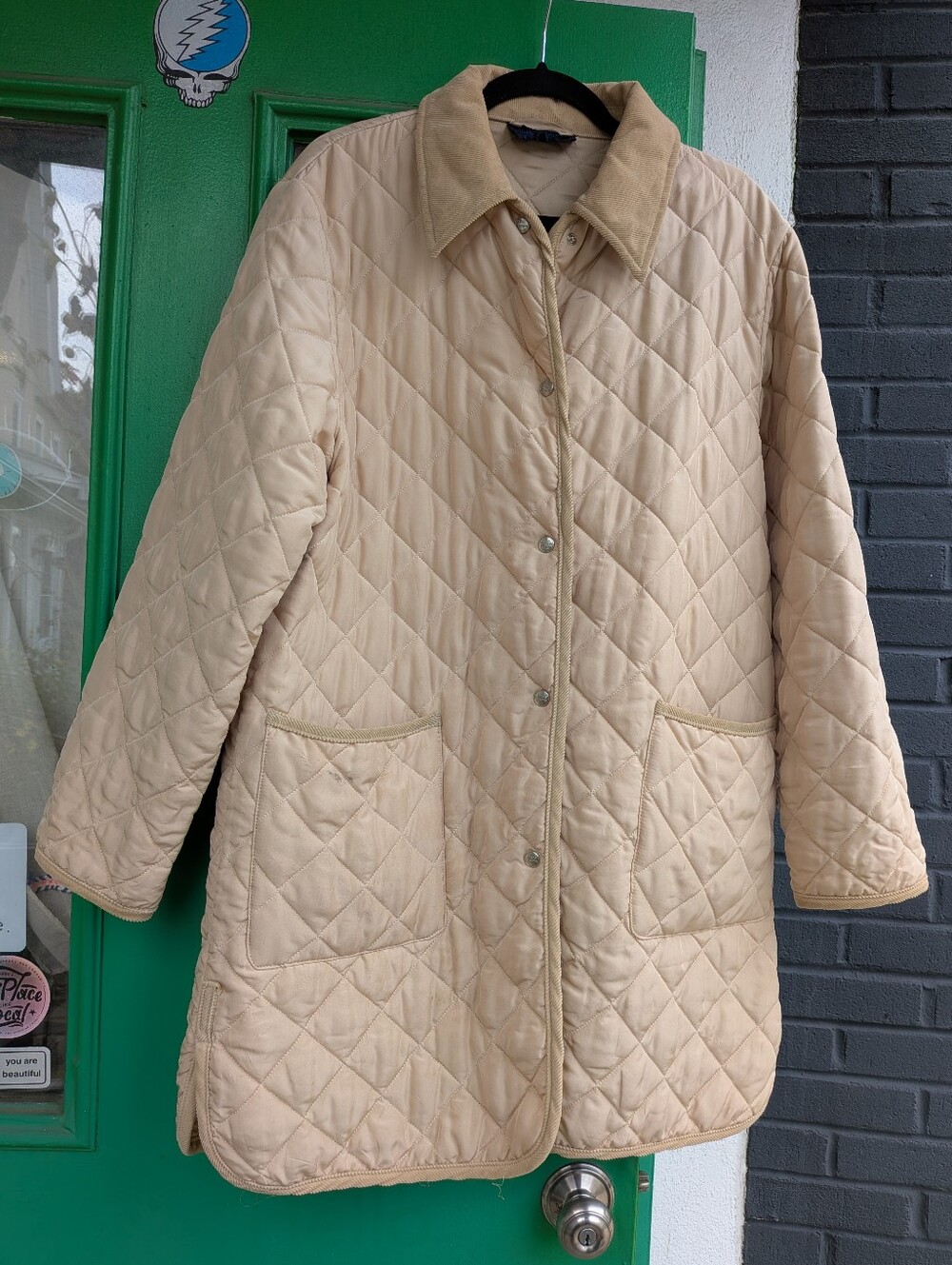 Les Copains Long Quilted Cream Beige Jacket w/ Corduroy Collar, Lightweight Coat